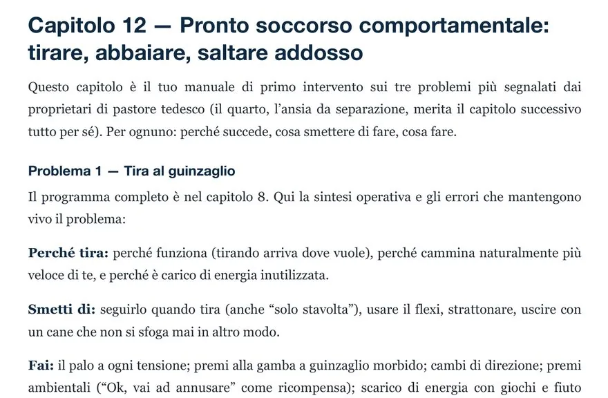 Pagina 43 del manuale: Capitolo 12, pronto soccorso comportamentale su tirare, abbaiare e saltare addosso